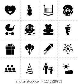 Set of 16 happy filled icons such as carrot, balloon, fireworks, snowman, pram, grandmother, girl, teddy bear, present, baby bed, farher and daughter, heart, birthday cap