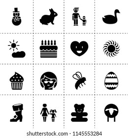 Set of 16 happy filled icons such as sheep, duck, rabbit, bee, grandmother, father and son, teddy bear, cake, mother and daughter, heart, easter egg, snowman