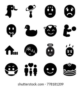 Set of 16 happy filled icons such as duck, house, smiling emot, emot in love, emoji in mask, baby playing with toy, cake, family, goose, beanbag, emoji angel