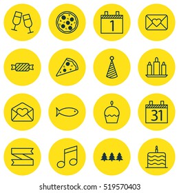 Set Of 16 Happy New Year Icons. Can Be Used For Web, Mobile, UI And Infographic Design. Includes Elements Such As Cake, Tree, Wax And More.