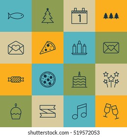 Set Of 16 Happy New Year Icons. Can Be Used For Web, Mobile, UI And Infographic Design. Includes Elements Such As Music, Glasses, Agenda And More.