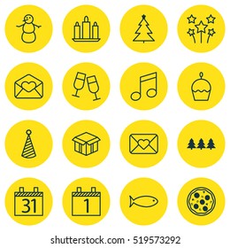 Set Of 16 Happy New Year Icons. Can Be Used For Web, Mobile, UI And Infographic Design. Includes Elements Such As Calendar, Cupcake, Fish And More.