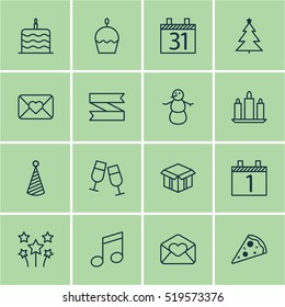 Set Of 16 Happy New Year Icons.  Includes Elements Such As Birthday, Cake, Piece And More