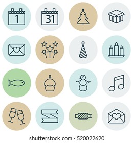 Set Of 16 Happy New Year Icons. Can Be Used For Web, Mobile, UI And Infographic Design. Includes Elements Such As Email, Calendar, Date And More.