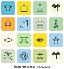 Set Of 16 Happy New Year Icons. Can Be Used For Web, Mobile, UI And Infographic Design. Includes Elements Such As Music, Pizzeria, Snowman And More.