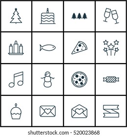 Set Of 16 Happy New Year Icons. Can Be Used For Web, Mobile, UI And Infographic Design. Includes Elements Such As Ribbon, Firework, Muffin And More.