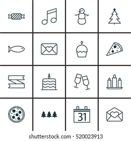 Set Of 16 Happy New Year Icons. Can Be Used For Web, Mobile, UI And Infographic Design. Includes Elements Such As Food, Greeting, Xmas And More.