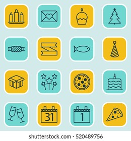 Set Of 16 Happy New Year Icons. Can Be Used For Web, Mobile, UI And Infographic Design. Includes Elements Such As Clink, Aquatic, Agenda And More.