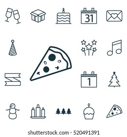 Set Of 16 Happy New Year Icons. Can Be Used For Web, Mobile, UI And Infographic Design. Includes Elements Such As Candle, Xmas, Cupcake And More.