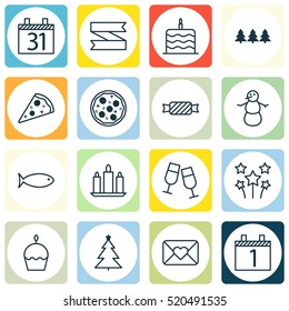 Set Of 16 Happy New Year Icons. Can Be Used For Web, Mobile, UI And Infographic Design. Includes Elements Such As Cake, Slice, Food And More.