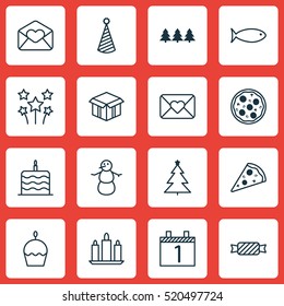 Set Of 16 Happy New Year Icons. Can Be Used For Web, Mobile, UI And Infographic Design. Includes Elements Such As Party, Month, Piece And More.