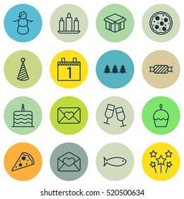 Set Of 16 Happy New Year Icons. Can Be Used For Web, Mobile, UI And Infographic Design. Includes Elements Such As Birthday, Muffin, Pizzeria And More.