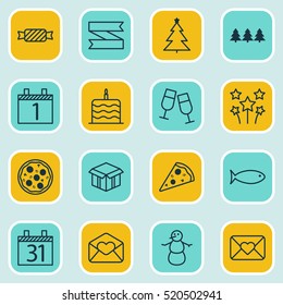 Set Of 16 Happy New Year Icons. Can Be Used For Web, Mobile, UI And Infographic Design. Includes Elements Such As Caramel, Calendar, Meal And More.
