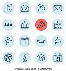Set Of 16 Happy New Year Icons. Can Be Used For Web, Mobile, UI And Infographic Design. Includes Elements Such As Hat, Muffin, Piece And More.