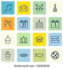 Set Of 16 Happy New Year Icons. Can Be Used For Web, Mobile, UI And Infographic Design. Includes Elements Such As Celebrate, Christmas, Blank And More.