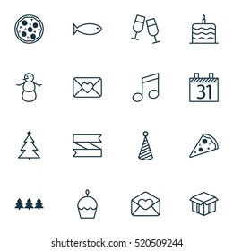 Set Of 16 Happy New Year Icons. Can Be Used For Web, Mobile, UI And Infographic Design. Includes Elements Such As Food, Piece, Calendar And More.
