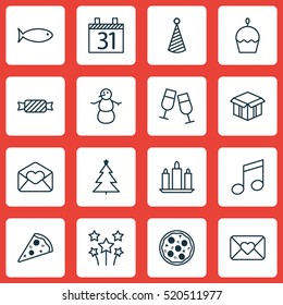 Set Of 16 Happy New Year Icons. Can Be Used For Web, Mobile, UI And Infographic Design. Includes Elements Such As Calendar, Open, Musical And More.