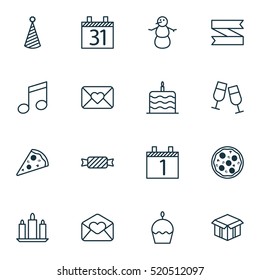 Set Of 16 Happy New Year Icons. Can Be Used For Web, Mobile, UI And Infographic Design. Includes Elements Such As Candle, Agenda, Flame And More.