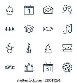Set Of 16 Happy New Year Icons. Can Be Used For Web, Mobile, UI And Infographic Design. Includes Elements Such As Schedule, Cake, Blank And More.