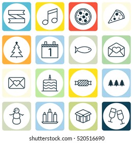 Set Of 16 Happy New Year Icons. Can Be Used For Web, Mobile, UI And Infographic Design. Includes Elements Such As Calendar, Close, Xmas And More.