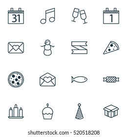 Set Of 16 Happy New Year Icons. Can Be Used For Web, Mobile, UI And Infographic Design. Includes Elements Such As Candy, Pizzeria, Fish And More.
