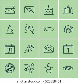 Set Of 16 Happy New Year Icons. Can Be Used For Web, Mobile, UI And Infographic Design. Includes Elements Such As Box, Blank, Glasses And More.