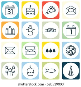 Set Of 16 Happy New Year Icons. Can Be Used For Web, Mobile, UI And Infographic Design. Includes Elements Such As Hat, Cake, Wax And More.
