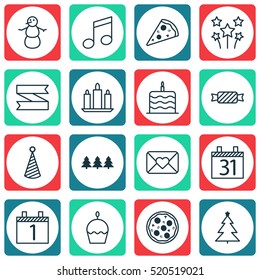 Set Of 16 Happy New Year Icons. Can Be Used For Web, Mobile, UI And Infographic Design. Includes Elements Such As Muffin, Musical, Blank And More.