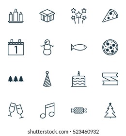 Set Of 16 Happy New Year Icons. Can Be Used For Web, Mobile, UI And Infographic Design. Includes Elements Such As Snowman, Pizza, Christmas And More.
