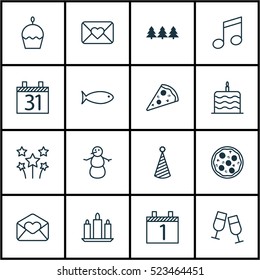 Set Of 16 Happy New Year Icons. Can Be Used For Web, Mobile, UI And Infographic Design. Includes Elements Such As Christmas, Muffin, Cake And More.