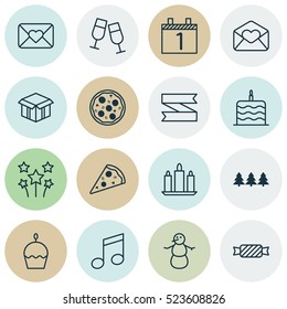 Set Of 16 Happy New Year Icons. Can Be Used For Web, Mobile, UI And Infographic Design. Includes Elements Such As Sweet, Cupcake, Muffin And More.