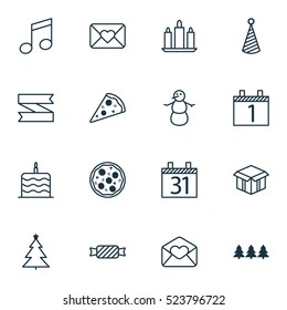 Set Of 16 Happy New Year Icons. Can Be Used For Web, Mobile, UI And Infographic Design. Includes Elements Such As Note, Meal, Birthday And More.