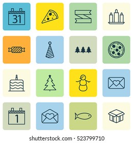 Set Of 16 Happy New Year Icons. Can Be Used For Web, Mobile, UI And Infographic Design. Includes Elements Such As Month, Calendar, Snowman And More.