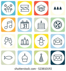 Set Of 16 Happy New Year Icons. Can Be Used For Web, Mobile, UI And Infographic Design. Includes Elements Such As Note, Glasses, Email And More.