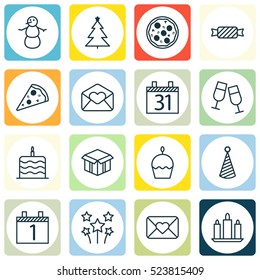 Set Of 16 Happy New Year Icons. Can Be Used For Web, Mobile, UI And Infographic Design. Includes Elements Such As Email, Schedule, Sweet And More.