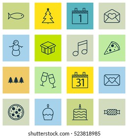 Set Of 16 Happy New Year Icons. Can Be Used For Web, Mobile, UI And Infographic Design. Includes Elements Such As Candy, Month, Xmas And More.