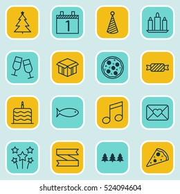 Set Of 16 Happy New Year Icons. Can Be Used For Web, Mobile, UI And Infographic Design. Includes Elements Such As Ribbon, Firework, Xmas And More.