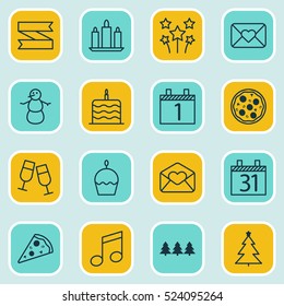 Set Of 16 Happy New Year Icons. Can Be Used For Web, Mobile, UI And Infographic Design. Includes Elements Such As Muffin, Pizzeria, Agenda And More.