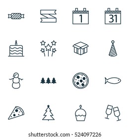 Set Of 16 Happy New Year Icons. Can Be Used For Web, Mobile, UI And Infographic Design. Includes Elements Such As Fish, Aquatic, Celebration And More.