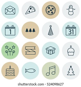 Set Of 16 Happy New Year Icons. Can Be Used For Web, Mobile, UI And Infographic Design. Includes Elements Such As Open, Muffin, Agenda And More.