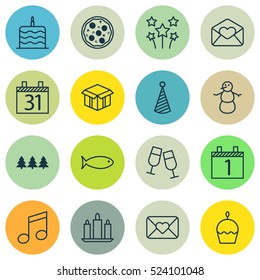 Set Of 16 Happy New Year Icons. Can Be Used For Web, Mobile, UI And Infographic Design. Includes Elements Such As Schedule, Celebrate, Cardboard And More.