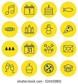 Set Of 16 Happy New Year Icons. Can Be Used For Web, Mobile, UI And Infographic Design. Includes Elements Such As Candle, Clink, Muffin And More.