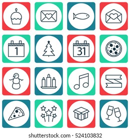 Set Of 16 Happy New Year Icons. Can Be Used For Web, Mobile, UI And Infographic Design. Includes Elements Such As Open, Ribbon, Musical And More.