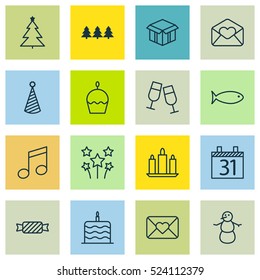 Set Of 16 Happy New Year Icons. Can Be Used For Web, Mobile, UI And Infographic Design. Includes Elements Such As Party, Celebrate, Open And More.