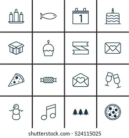 Set Of 16 Happy New Year Icons. Can Be Used For Web, Mobile, UI And Infographic Design. Includes Elements Such As Celebration, Sweet, Agenda And More.
