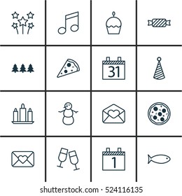 Set Of 16 Happy New Year Icons. Can Be Used For Web, Mobile, UI And Infographic Design. Includes Elements Such As Love, Hat, Christmas And More.