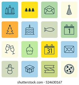 Set Of 16 Happy New Year Icons. Can Be Used For Web, Mobile, UI And Infographic Design. Includes Elements Such As Xmas, Calendar, Email And More.