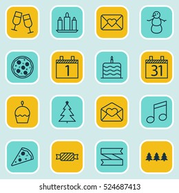 Set Of 16 Happy New Year Icons. Can Be Used For Web, Mobile, UI And Infographic Design. Includes Elements Such As Love, Celebrating, Musical And More.
