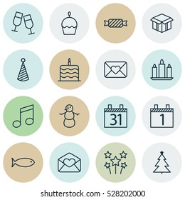 Set Of 16 Happy New Year Icons. Can Be Used For Web, Mobile, UI And Infographic Design. Includes Elements Such As Decorated Tree, Festive Fireworks, Open Cardboard And More.