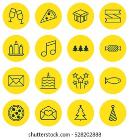 Set Of 16 Happy New Year Icons. Can Be Used For Web, Mobile, UI And Infographic Design. Includes Elements Such As Open Cardboard, Decorated Tree, Celebration Cake And More.